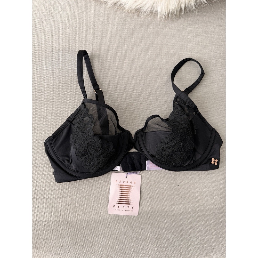 Savage X Fenty Bra Set Womens 36C Black NWT Lace Mesh Flocked Logo 2 Pack - Picture 9 of 12